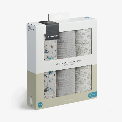 KIKKABOO Muslin swaddle set 3 pcs 100x100 cm Dreamy Fields Grey - Image 2