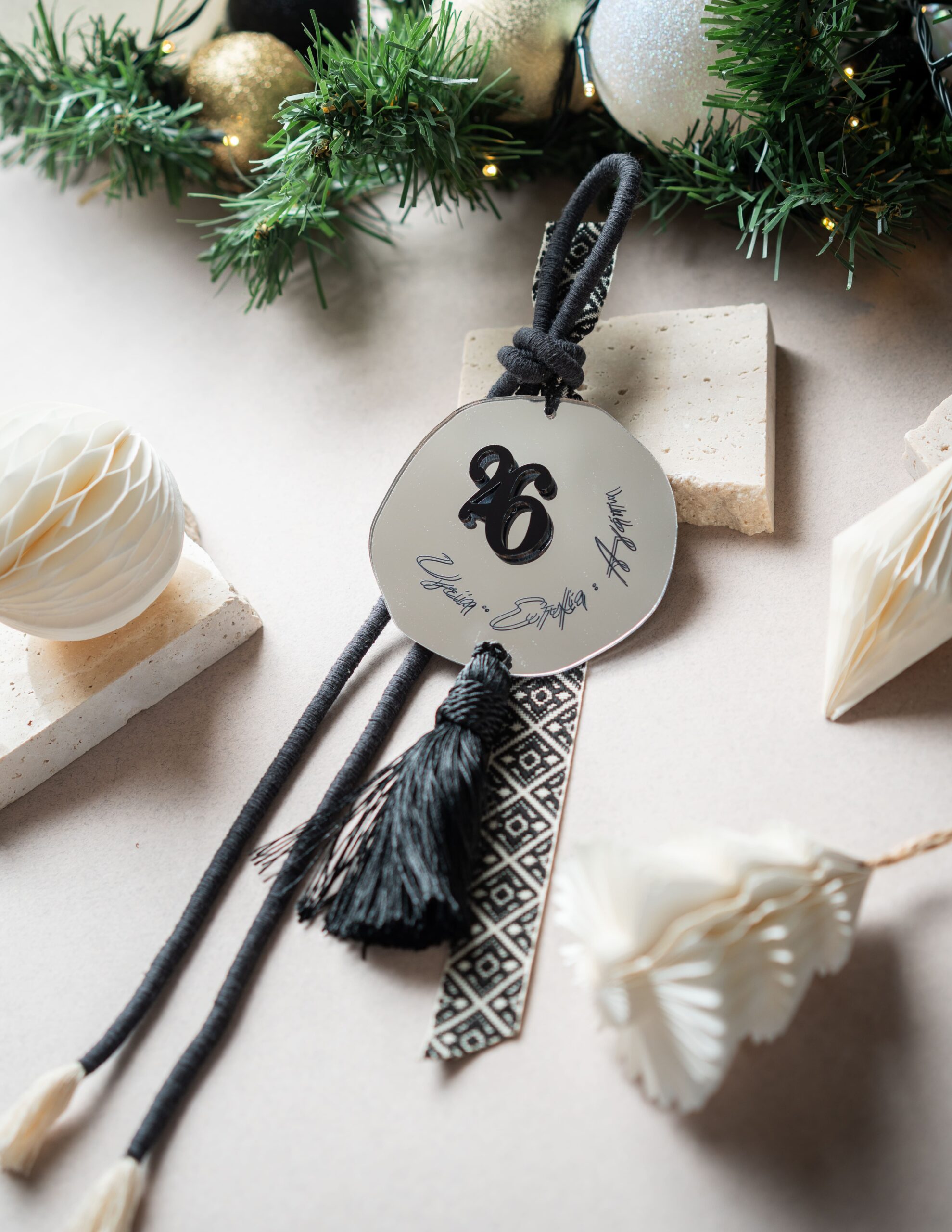 Hanging Charm Phrase with Tassel | Silver Mirror Plexiglass (Black
