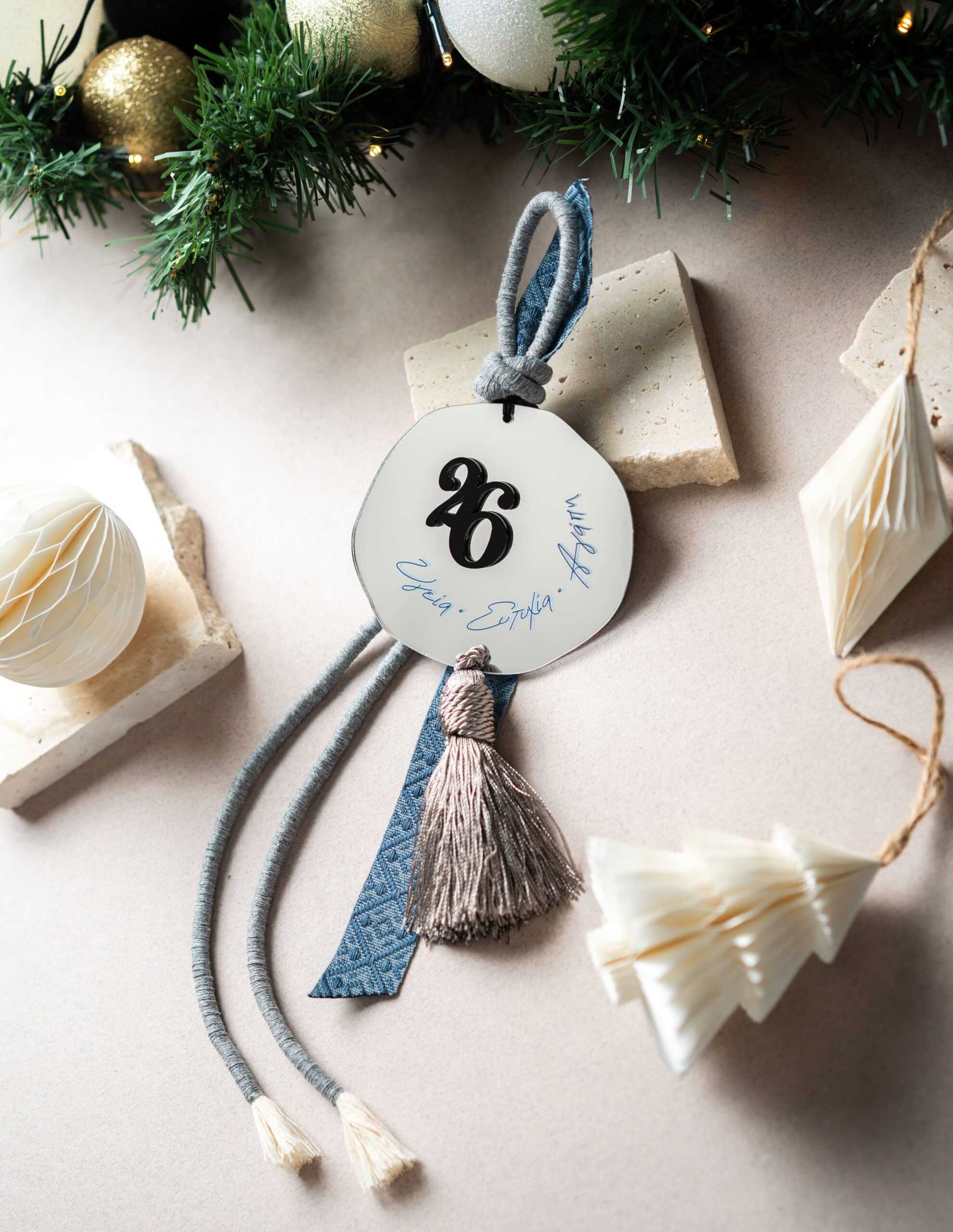 Hanging Charm Phrase with Tassel | Silver Mirror Plexiglass (Blue)