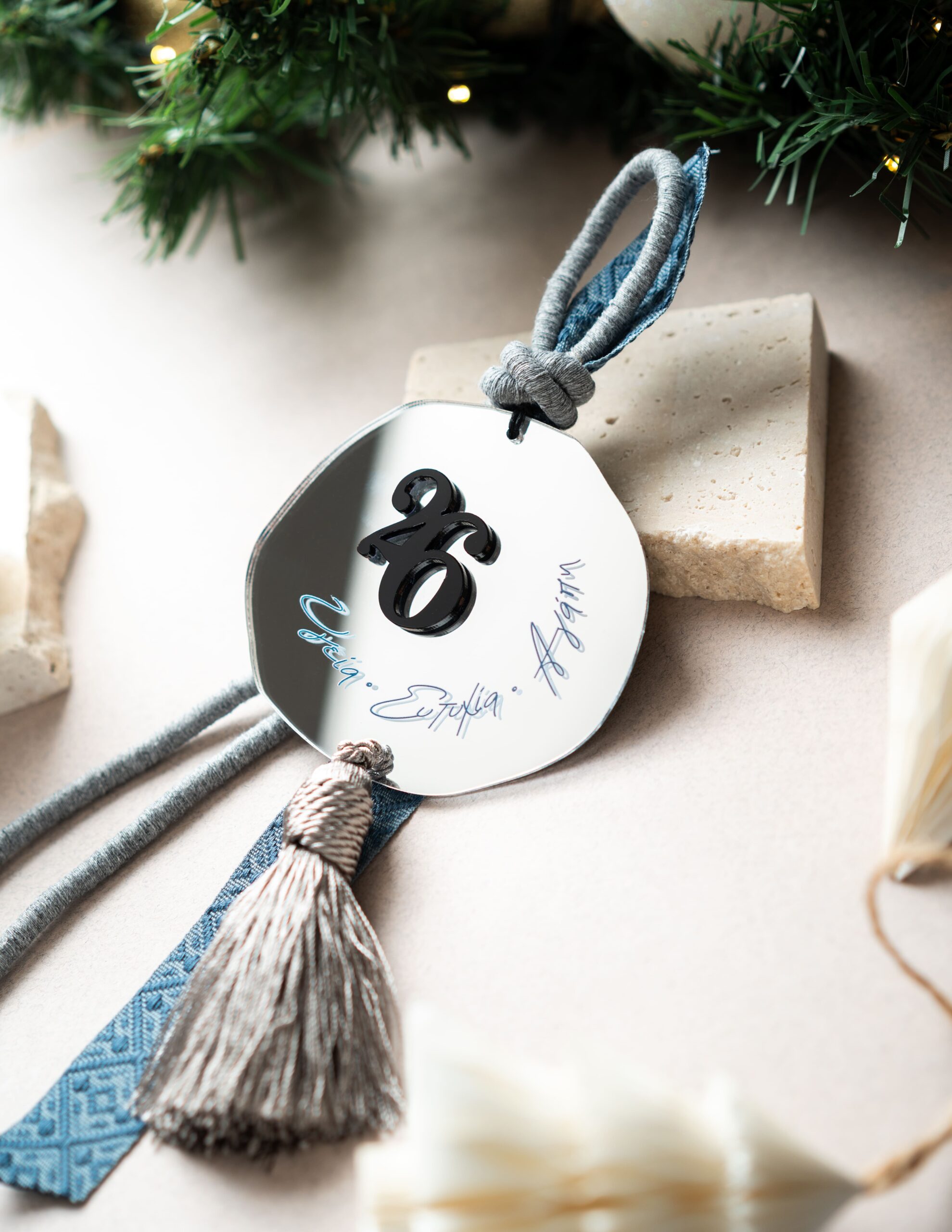 Hanging Charm Phrase with Tassel | Silver Mirror Plexiglass (Blue) - Image 2