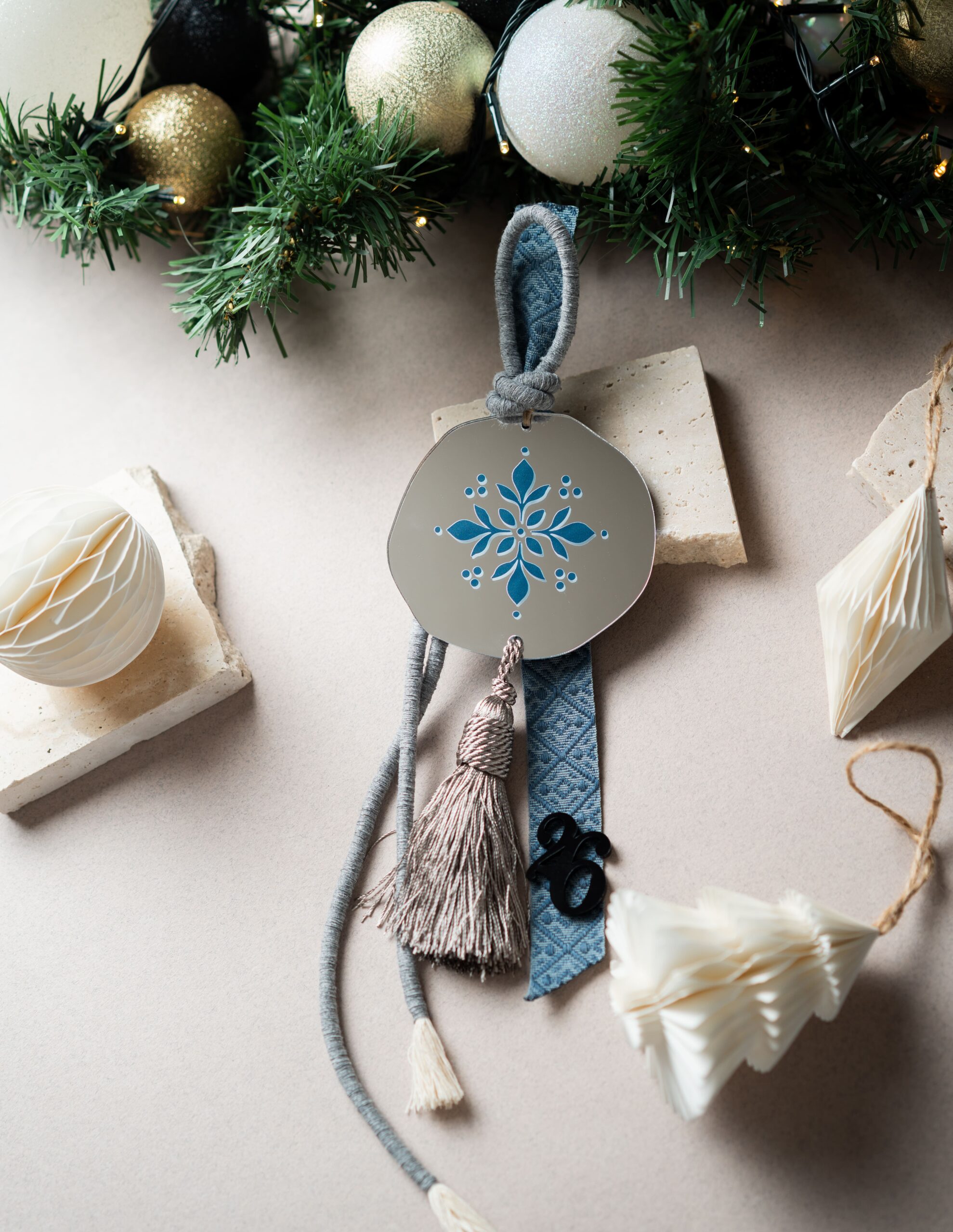 Snowflake Charm Pendant with Tassel | Silver Mirror Plexiglass (Blue)