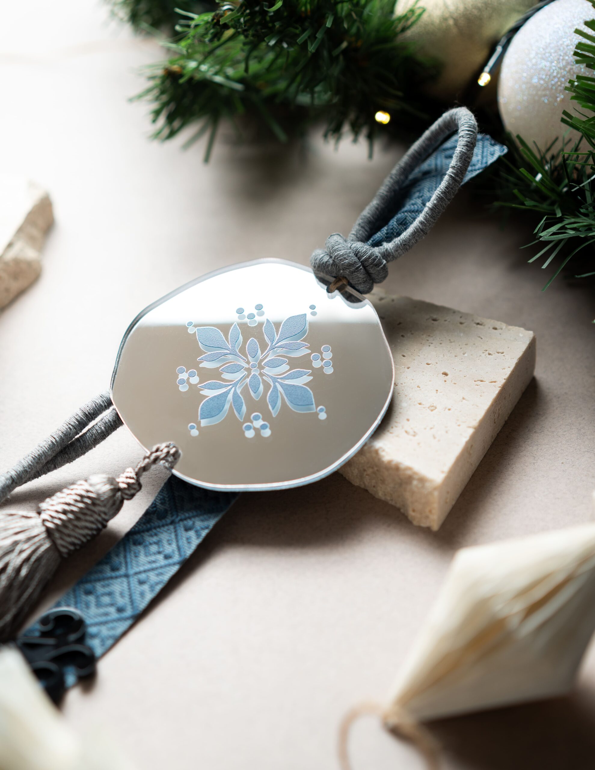 Snowflake Charm Pendant with Tassel | Silver Mirror Plexiglass (Blue) - Image 2
