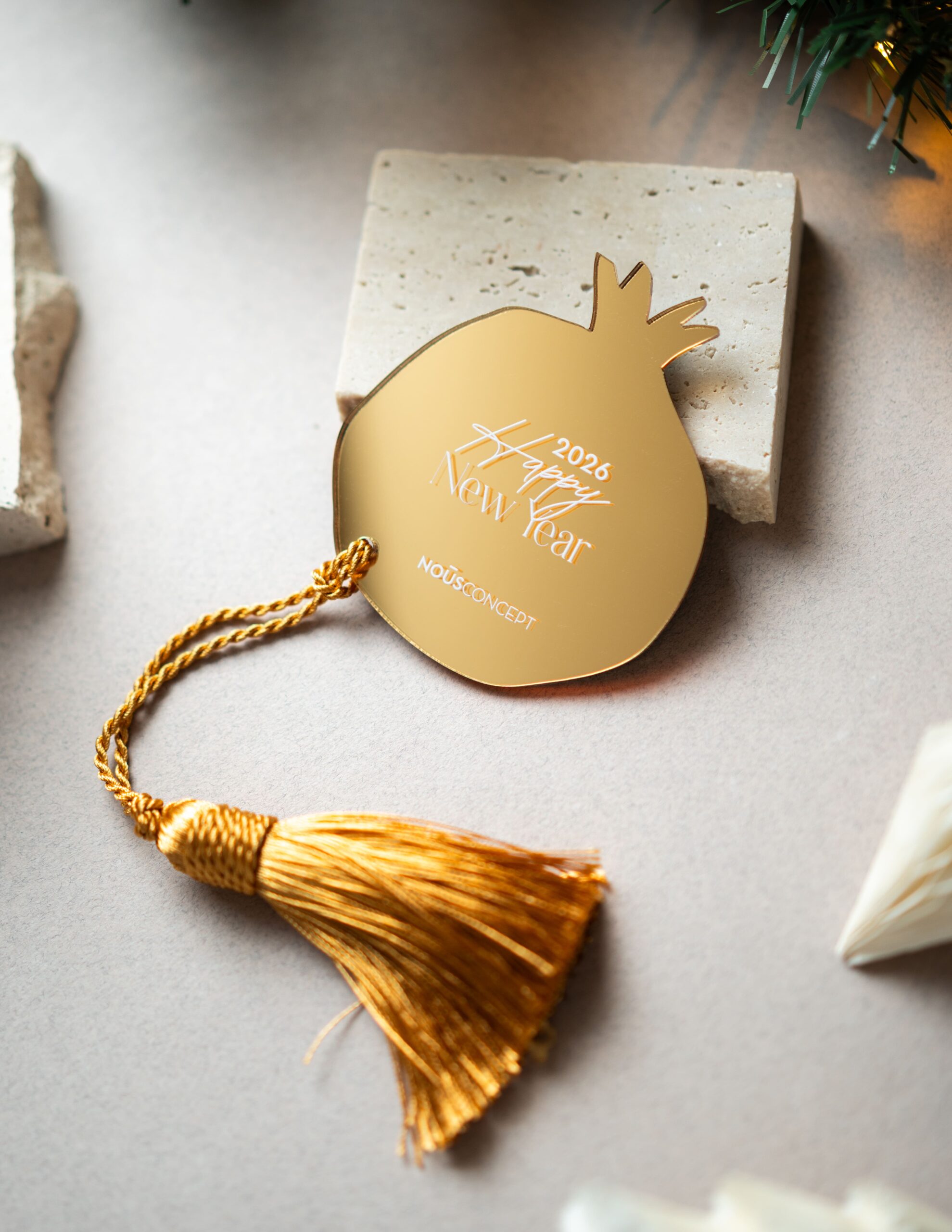 Pomegranate Logo Charm | Gold Mirror Plexiglass